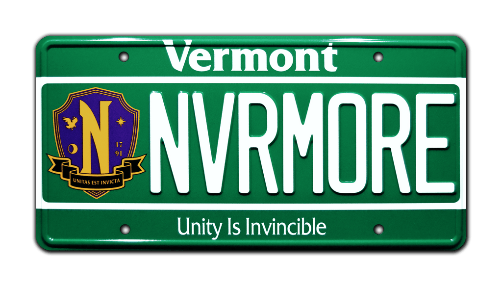 NVRMORE prop plate television memorabilia from Wednesday starring Christina Ricci